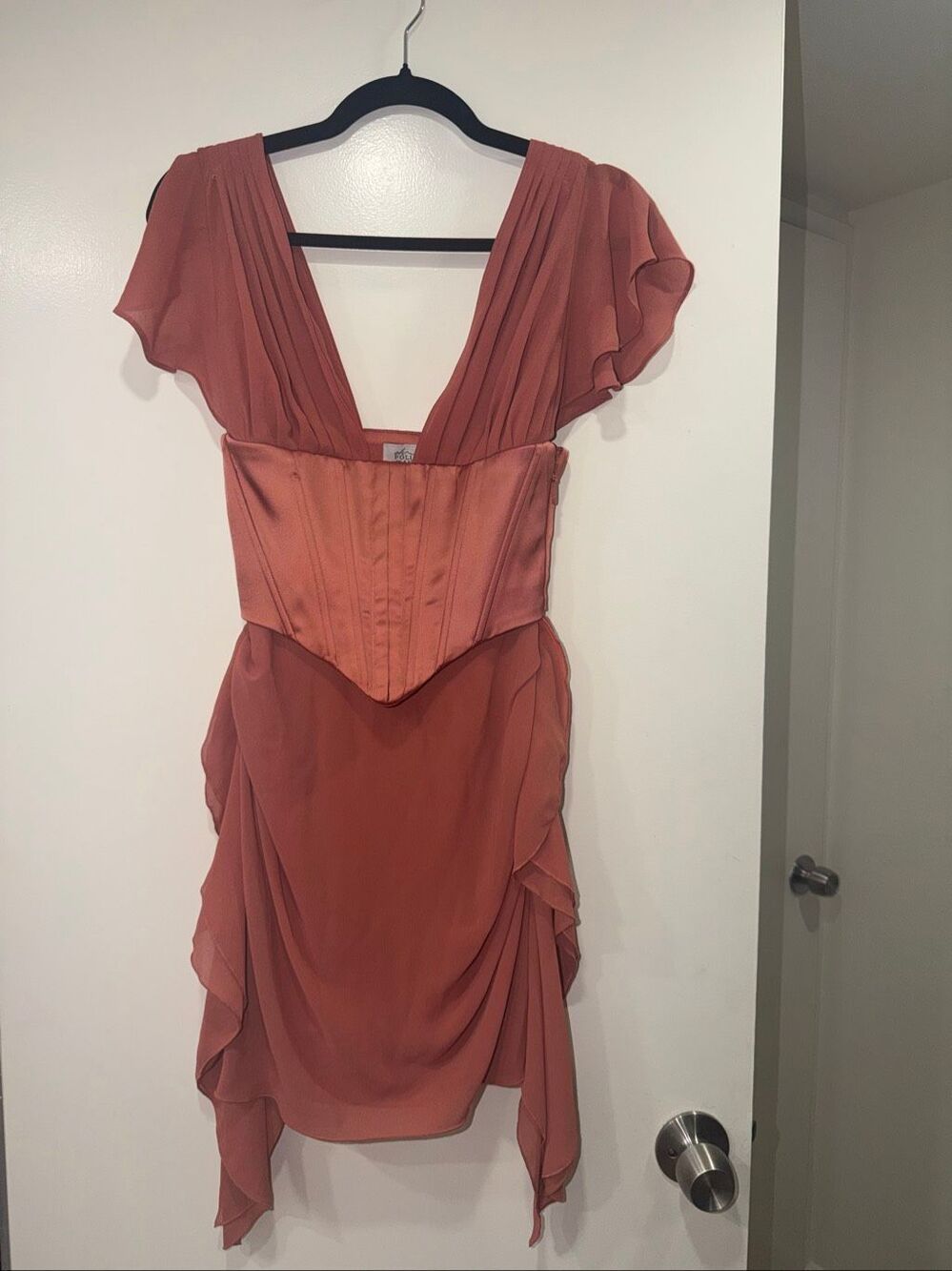 Oh Polly Cerise Draped Corset Mini Dress in terracotta size US 0